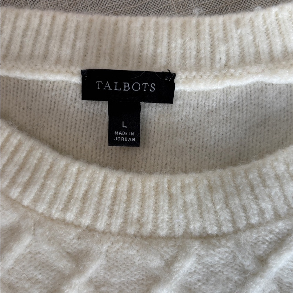 TALBOTS Cable Knit Ruffle Crewneck Sweater Cream Ivory Soft Size Large - Picture 7 of 10